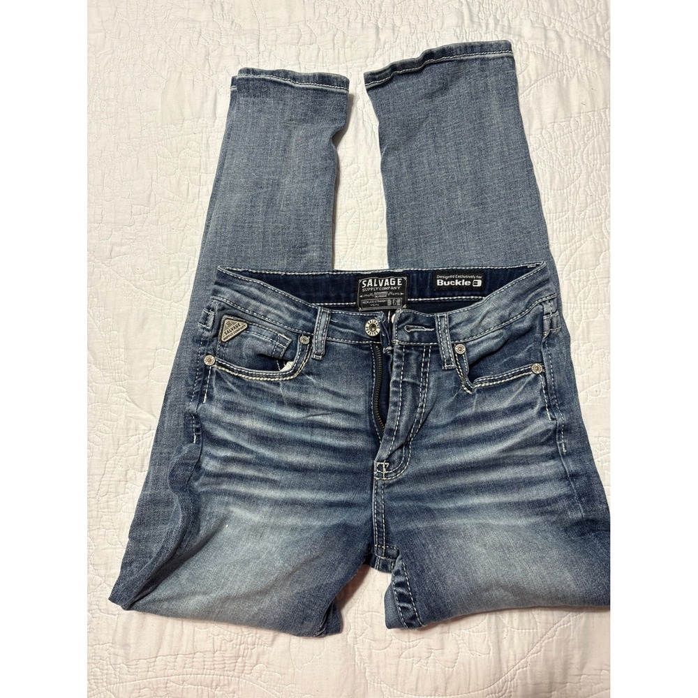 Salvage Denim Jeans Kids Boys Straight Leg Blue Wash Distressed Size 16